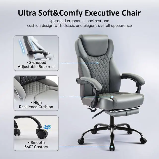 Alt view image 7 of 7 - Big and Tall Office Chair with Footrest, Lumbar Support, Grey | Ergonomic Leather High Back, Infinite Lock Reclining 90°-135°, 20 Spring Packs, 300lbs Capacity, Executive Desk Chair