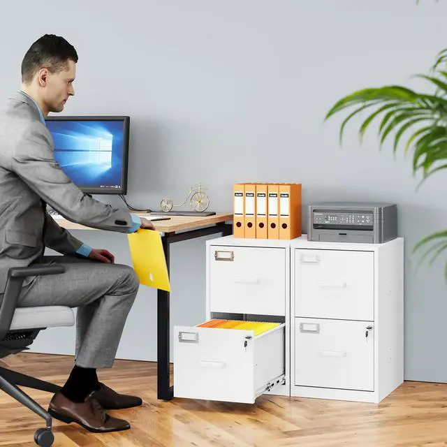 Alt view image 2 of 7 - 2 Drawer File Cabinet with Lock,Narrow Vertical Filing Cabinet,Under Desk File Cabinets,White Metal File Cabinets for Home Office,Fit Letter/A4/Legal Size File,Easy Assembly