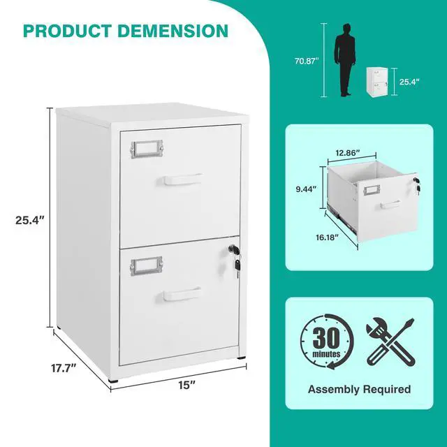 Alt view image 3 of 7 - 2 Drawer File Cabinet with Lock,Narrow Vertical Filing Cabinet,Under Desk File Cabinets,White Metal File Cabinets for Home Office,Fit Letter/A4/Legal Size File,Easy Assembly