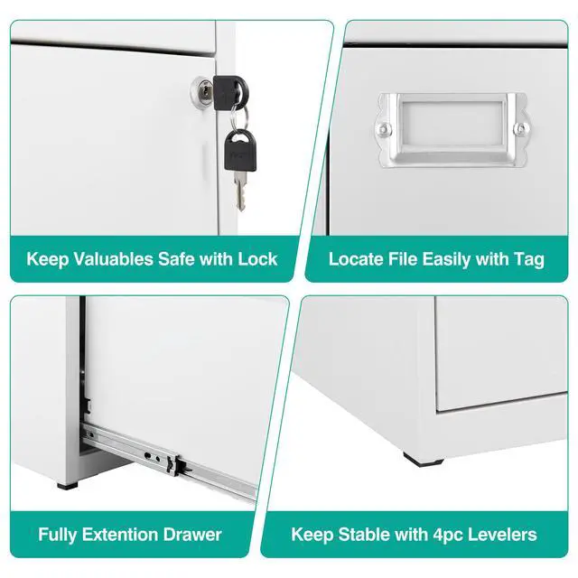 Alt view image 5 of 7 - 2 Drawer File Cabinet with Lock,Narrow Vertical Filing Cabinet,Under Desk File Cabinets,White Metal File Cabinets for Home Office,Fit Letter/A4/Legal Size File,Easy Assembly