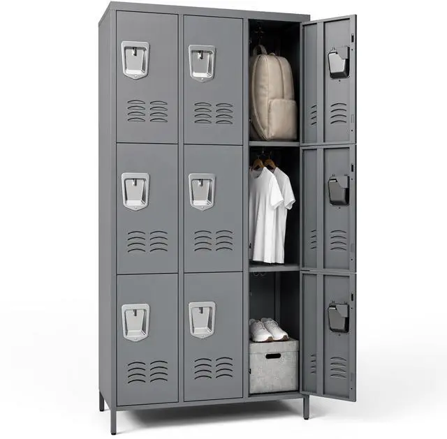 Main image of 9-Door Lockers for Employees, Metal Storage Cabinet | Heavy-duty steel, lockable, shelves & hooks, ventilated, card slot included, fits home/office/school/gym, easy assembly