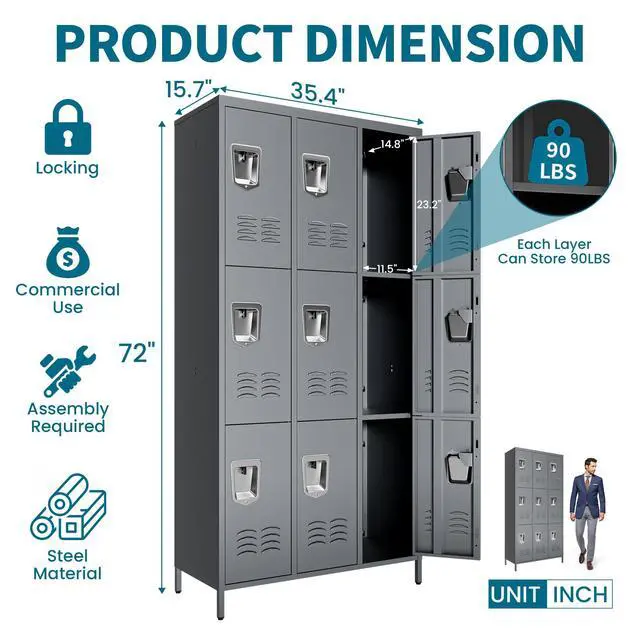 Alt view image 3 of 7 - 9-Door Lockers for Employees, Metal Storage Cabinet | Heavy-duty steel, lockable, shelves & hooks, ventilated, card slot included, fits home/office/school/gym, easy assembly
