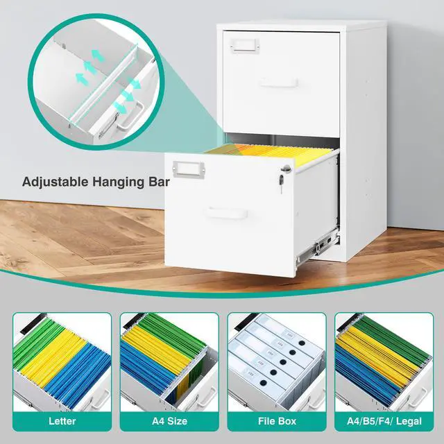Alt view image 4 of 7 - 2 Drawer File Cabinet with Lock,Narrow Vertical Filing Cabinet,Under Desk File Cabinets,White Metal File Cabinets for Home Office,Fit Letter/A4/Legal Size File,Easy Assembly