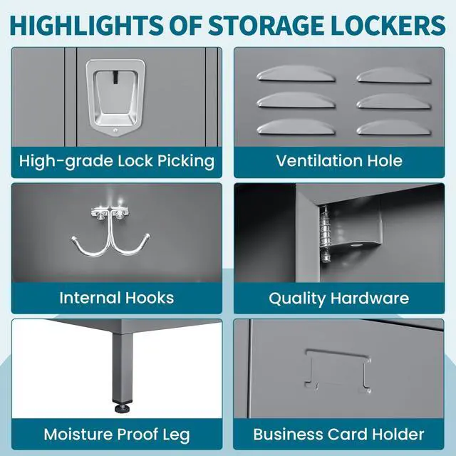 Alt view image 4 of 7 - 9-Door Lockers for Employees, Metal Storage Cabinet | Heavy-duty steel, lockable, shelves & hooks, ventilated, card slot included, fits home/office/school/gym, easy assembly