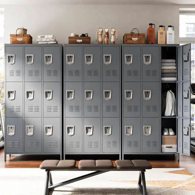 Alt view image 6 of 7 - 9-Door Lockers for Employees, Metal Storage Cabinet | Heavy-duty steel, lockable, shelves & hooks, ventilated, card slot included, fits home/office/school/gym, easy assembly