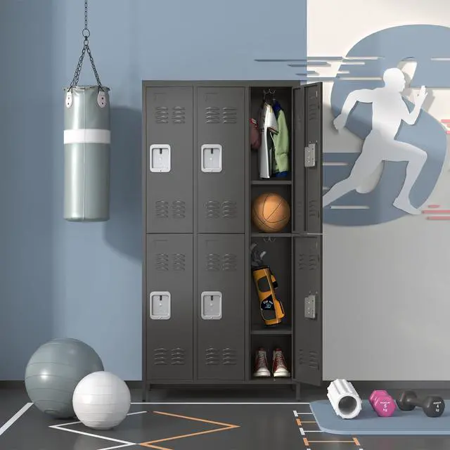 Alt view image 2 of 7 - 6-Door Lockers for Employees, Metal Storage Cabinet | Heavy-duty steel, lockable, shelves & hooks, ventilated, card slot included, fits home/office/school/gym, easy assembly
