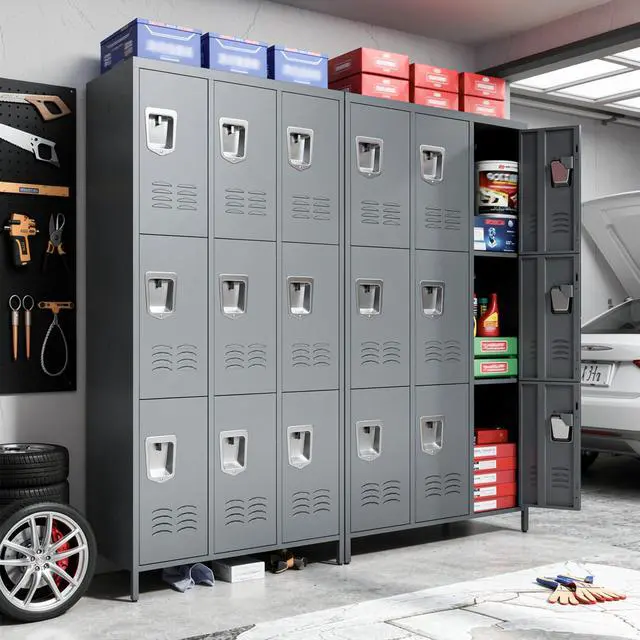 Alt view image 5 of 7 - 9-Door Lockers for Employees, Metal Storage Cabinet | Heavy-duty steel, lockable, shelves & hooks, ventilated, card slot included, fits home/office/school/gym, easy assembly