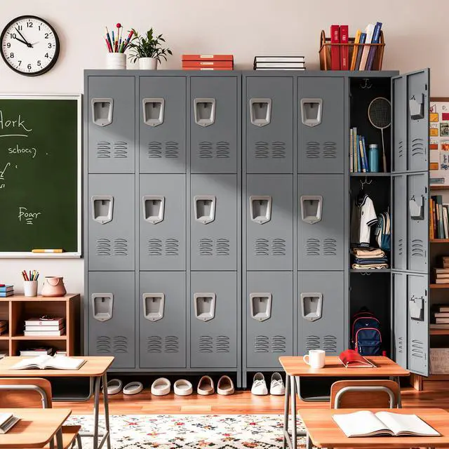 Alt view image 7 of 7 - 9-Door Lockers for Employees, Metal Storage Cabinet | Heavy-duty steel, lockable, shelves & hooks, ventilated, card slot included, fits home/office/school/gym, easy assembly