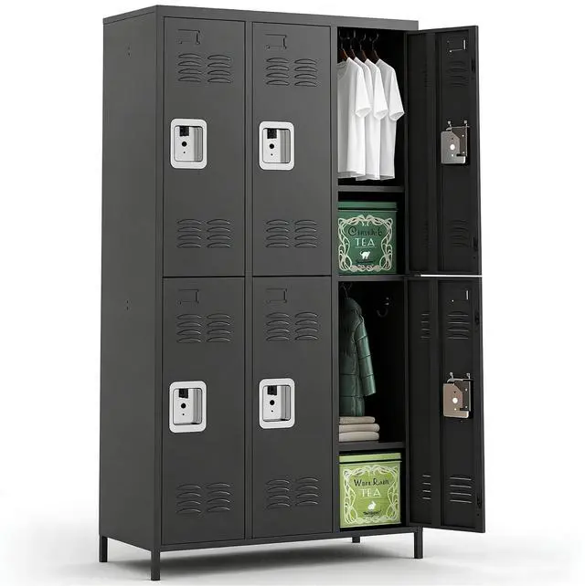 Main image of 6-Door Lockers for Employees, Metal Storage Cabinet | Heavy-duty steel, lockable, shelves & hooks, ventilated, card slot included, fits home/office/school/gym, easy assembly