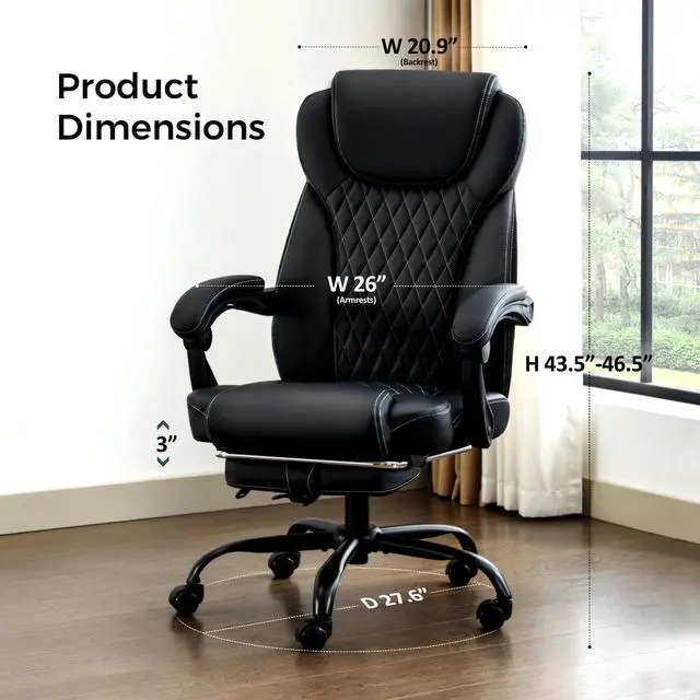 Alt view image 3 of 7 - Big and Tall Office Chair with Footrest, Lumbar Support, Black | Ergonomic Leather High Back, Infinite Lock Reclining 90°-135°, 20 Spring Packs, 300lbs Capacity, Executive Desk Chair