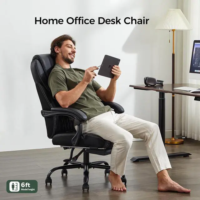 Alt view image 4 of 7 - Big and Tall Office Chair with Footrest, Lumbar Support, Black | Ergonomic Leather High Back, Infinite Lock Reclining 90°-135°, 20 Spring Packs, 300lbs Capacity, Executive Desk Chair