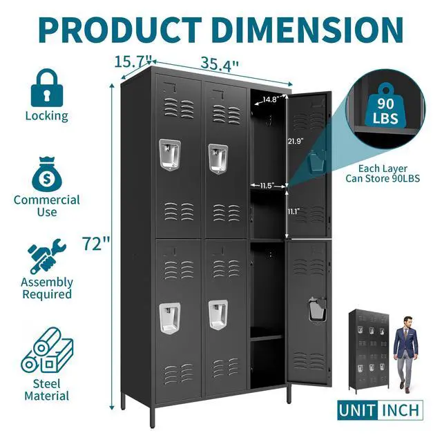 Alt view image 3 of 7 - 6-Door Lockers for Employees, Metal Storage Cabinet | Heavy-duty steel, lockable, shelves & hooks, ventilated, card slot included, fits home/office/school/gym, easy assembly
