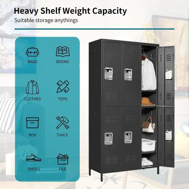 Alt view image 5 of 7 - 6-Door Lockers for Employees, Metal Storage Cabinet | Heavy-duty steel, lockable, shelves & hooks, ventilated, card slot included, fits home/office/school/gym, easy assembly