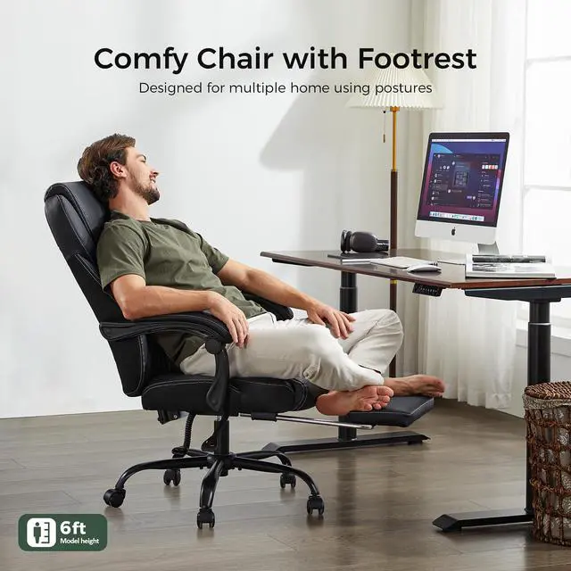 Alt view image 5 of 7 - Big and Tall Office Chair with Footrest, Lumbar Support, Black | Ergonomic Leather High Back, Infinite Lock Reclining 90°-135°, 20 Spring Packs, 300lbs Capacity, Executive Desk Chair