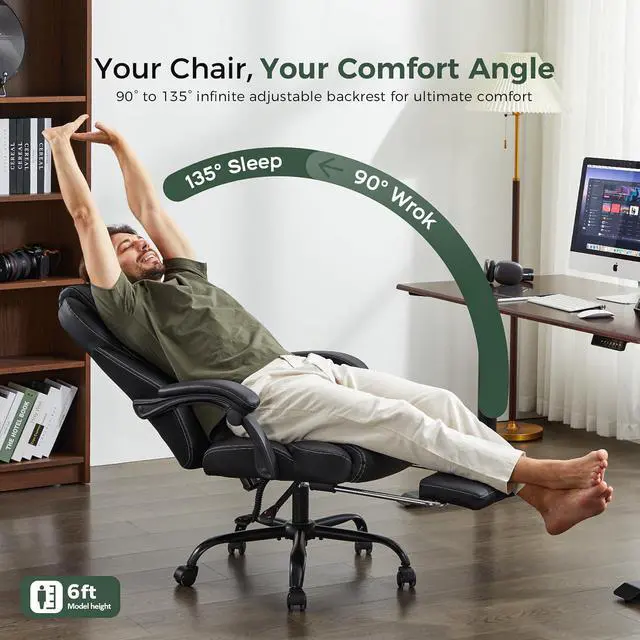 Alt view image 6 of 7 - Big and Tall Office Chair with Footrest, Lumbar Support, Black | Ergonomic Leather High Back, Infinite Lock Reclining 90°-135°, 20 Spring Packs, 300lbs Capacity, Executive Desk Chair
