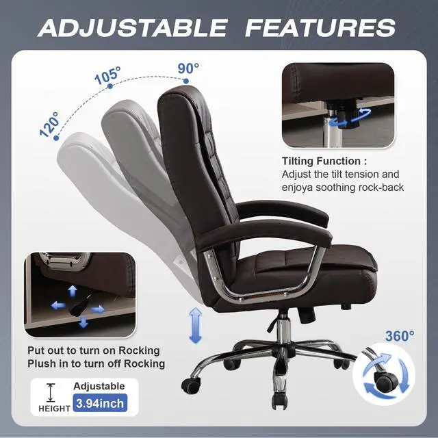 Alt view image 4 of 7 - Executive Office Chair Adjustable Leather Chair High Back Swivel Office Desk Chair with Padded Armrest 350lbs Load-Bearing Spring Seat Computer Desk Chair for Home Office, Brown