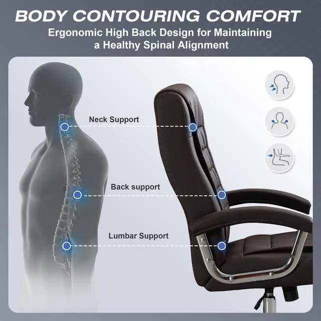 Alt view image 5 of 7 - Executive Office Chair Adjustable Leather Chair High Back Swivel Office Desk Chair with Padded Armrest 350lbs Load-Bearing Spring Seat Computer Desk Chair for Home Office, Brown