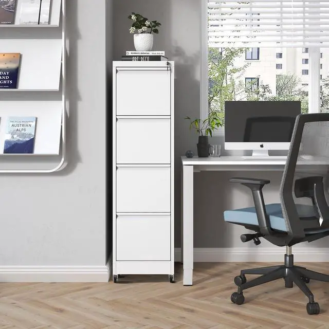 Alt view image 2 of 6 - 4 Drawer Mobile File Cabinet, Metal Filing Cabinet with Lock and Wheels, Home Office Rolling File Cabinets for Legal/Letter Hanging File Folders, Un-Assembled (White)