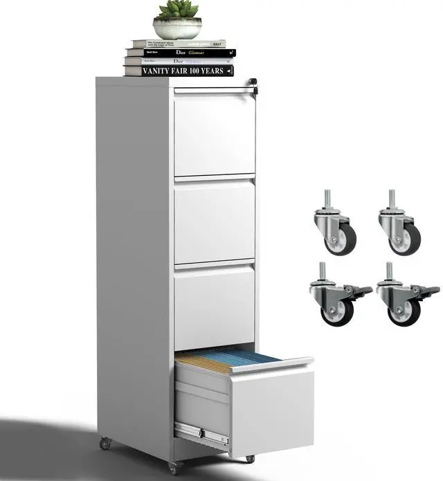 Main image of 4 Drawer Mobile File Cabinet, Metal Filing Cabinet with Lock and Wheels, Home Office Rolling File Cabinets for Legal/Letter Hanging File Folders, Un-Assembled (White)