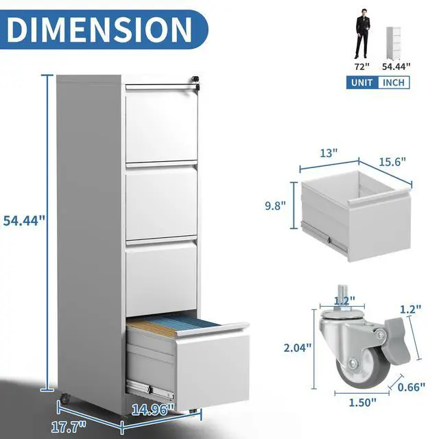 Alt view image 3 of 6 - 4 Drawer Mobile File Cabinet, Metal Filing Cabinet with Lock and Wheels, Home Office Rolling File Cabinets for Legal/Letter Hanging File Folders, Un-Assembled (White)