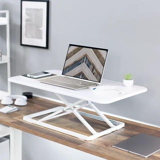 Alt view image 2 of 7 - Ultra-Slim 32 Inch Single Top Height Adjustable Standing Desk Riser, Compact Sit Stand Desktop Converter for Monitor or Laptop, White, DESK-V032JW