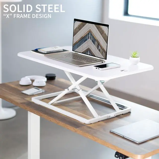 Alt view image 4 of 7 - Ultra-Slim 32 Inch Single Top Height Adjustable Standing Desk Riser, Compact Sit Stand Desktop Converter for Monitor or Laptop, White, DESK-V032JW