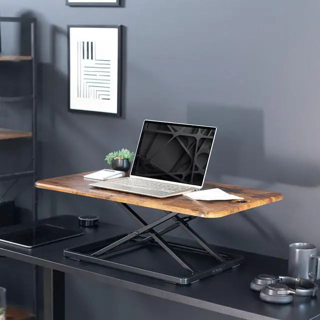 Alt view image 2 of 7 - Ultra-Slim 32 Inch Single Top Height Adjustable Standing Desk Riser, Compact Sit Stand Desktop Converter for Monitor or Laptop, Vintage Brown, DESK-V032JN