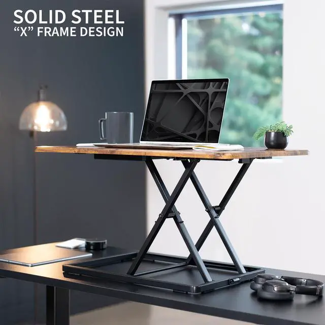 Alt view image 4 of 7 - Ultra-Slim 32 Inch Single Top Height Adjustable Standing Desk Riser, Compact Sit Stand Desktop Converter for Monitor or Laptop, Vintage Brown, DESK-V032JN