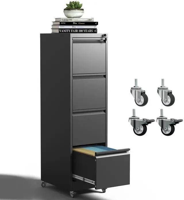 Main image of 4 Drawer Mobile File Cabinet, Metal Filing Cabinet with Lock and Wheels, Home Office Rolling File Cabinets for Legal/Letter Hanging File Folders, Un-Assembled (Black)