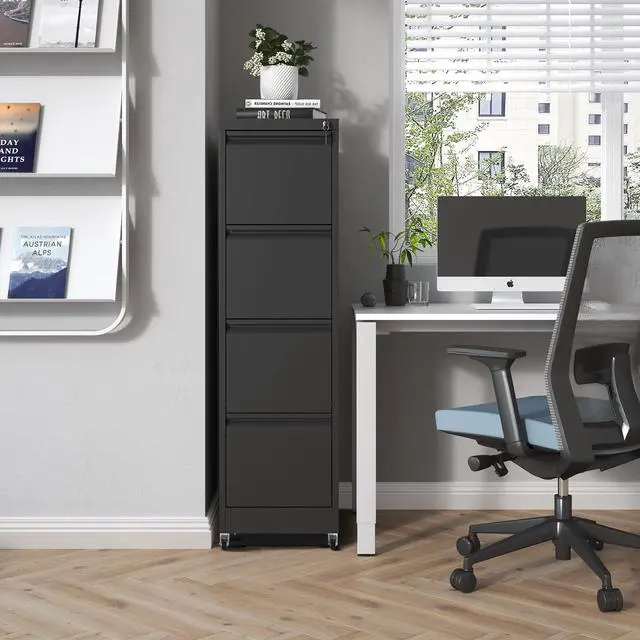 Alt view image 2 of 7 - 4 Drawer Mobile File Cabinet, Metal Filing Cabinet with Lock and Wheels, Home Office Rolling File Cabinets for Legal/Letter Hanging File Folders, Un-Assembled (Black)
