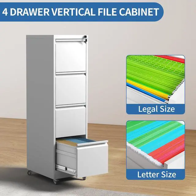 Alt view image 6 of 6 - 4 Drawer Mobile File Cabinet, Metal Filing Cabinet with Lock and Wheels, Home Office Rolling File Cabinets for Legal/Letter Hanging File Folders, Un-Assembled (White)