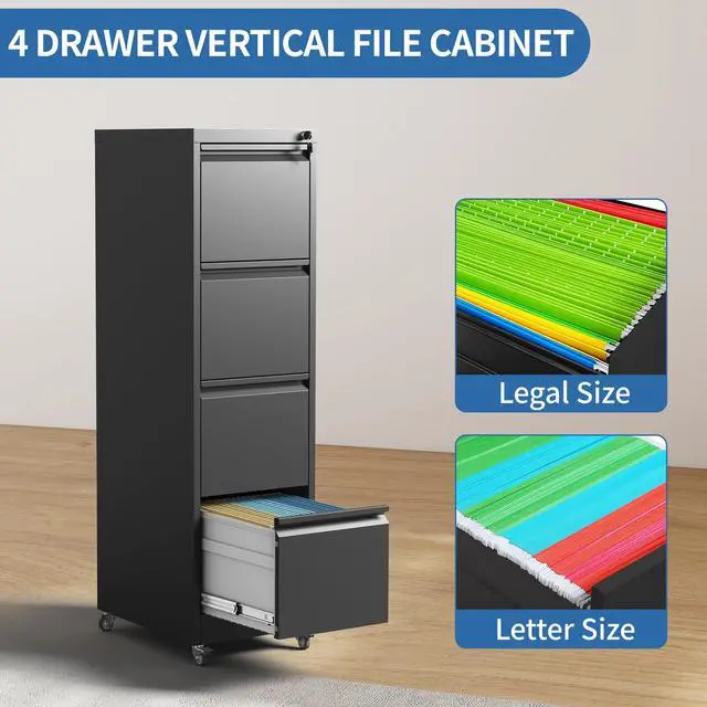 Alt view image 6 of 7 - 4 Drawer Mobile File Cabinet, Metal Filing Cabinet with Lock and Wheels, Home Office Rolling File Cabinets for Legal/Letter Hanging File Folders, Un-Assembled (Black)