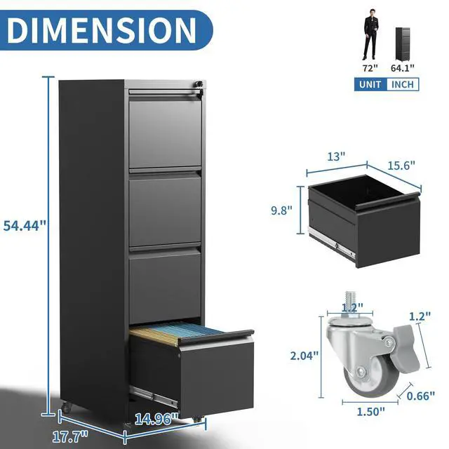Alt view image 3 of 7 - 4 Drawer Mobile File Cabinet, Metal Filing Cabinet with Lock and Wheels, Home Office Rolling File Cabinets for Legal/Letter Hanging File Folders, Un-Assembled (Black)