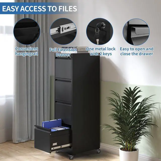 Alt view image 7 of 7 - 4 Drawer Mobile File Cabinet, Metal Filing Cabinet with Lock and Wheels, Home Office Rolling File Cabinets for Legal/Letter Hanging File Folders, Un-Assembled (Black)