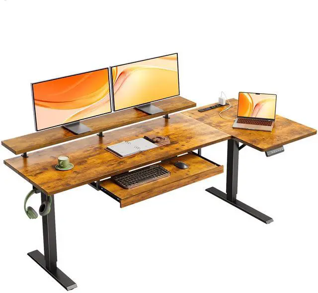 Main image of 63 Inch Reversible L Shaped Electric Standing Desk, Rustic Brown | Monitor Stand, Keyboard Tray, Power Outlets, 3 Memory Presets, Corner Stand Up Desk for Ergonomic Home Office, Workstaion