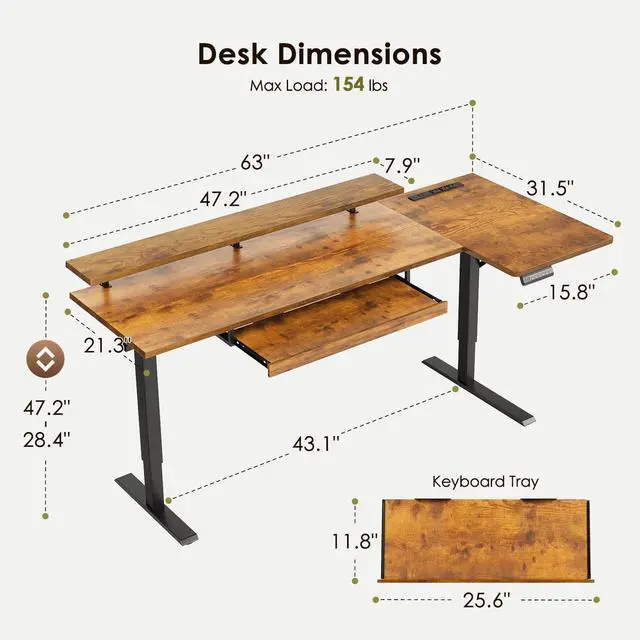 Alt view image 2 of 7 - 63 Inch Reversible L Shaped Electric Standing Desk, Rustic Brown | Monitor Stand, Keyboard Tray, Power Outlets, 3 Memory Presets, Corner Stand Up Desk for Ergonomic Home Office, Workstaion