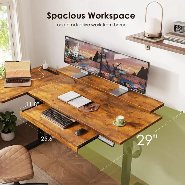 Alt view image 3 of 7 - 63 Inch Reversible L Shaped Electric Standing Desk, Rustic Brown | Monitor Stand, Keyboard Tray, Power Outlets, 3 Memory Presets, Corner Stand Up Desk for Ergonomic Home Office, Workstaion