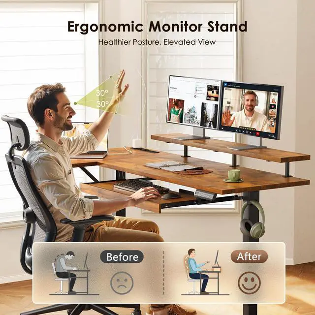Alt view image 5 of 7 - 63 Inch Reversible L Shaped Electric Standing Desk, Rustic Brown | Monitor Stand, Keyboard Tray, Power Outlets, 3 Memory Presets, Corner Stand Up Desk for Ergonomic Home Office, Workstaion