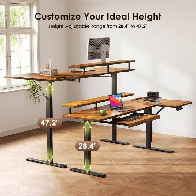 Alt view image 6 of 7 - 63 Inch Reversible L Shaped Electric Standing Desk, Rustic Brown | Monitor Stand, Keyboard Tray, Power Outlets, 3 Memory Presets, Corner Stand Up Desk for Ergonomic Home Office, Workstaion