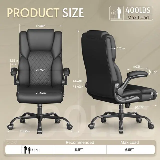 Alt view image 2 of 7 - Office Chair,Big and Tall Office Chair,Home Desk Computer Chair, Executive Leather Computer Chair with Lumbar Support& Flip-Up Arms, Rocking Function Swivel Chair for Home Office,Black