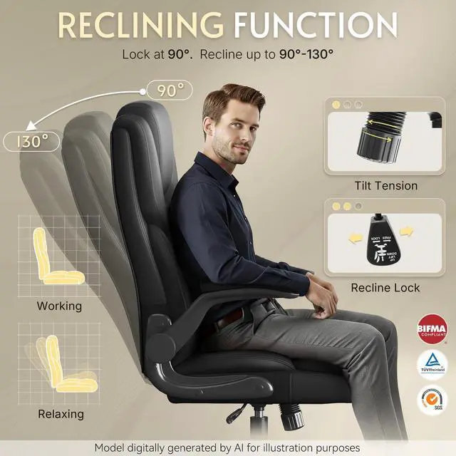 Alt view image 5 of 7 - Office Chair,Big and Tall Office Chair,Home Desk Computer Chair, Executive Leather Computer Chair with Lumbar Support& Flip-Up Arms, Rocking Function Swivel Chair for Home Office,Black