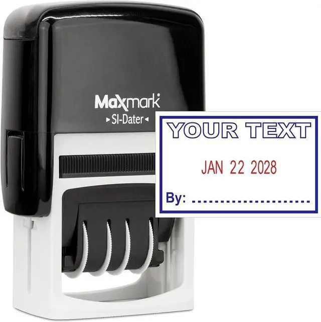 Main image of MaxMark Office Date Self Inking Stamp with Your Custom Text - 1" x 1-5/8 - 2-Color Blue/Red Ink