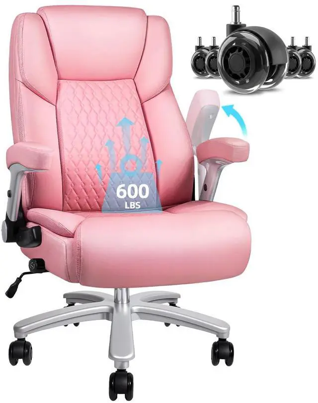 Main image of 600lbs Big and Tall Office Chair with Flip up Armrest, Large Heavy Duty Chair with Ergonomic Lumbar Support, xecutive Office for Heavy People with Quiet Rubber Wheel (Pink)