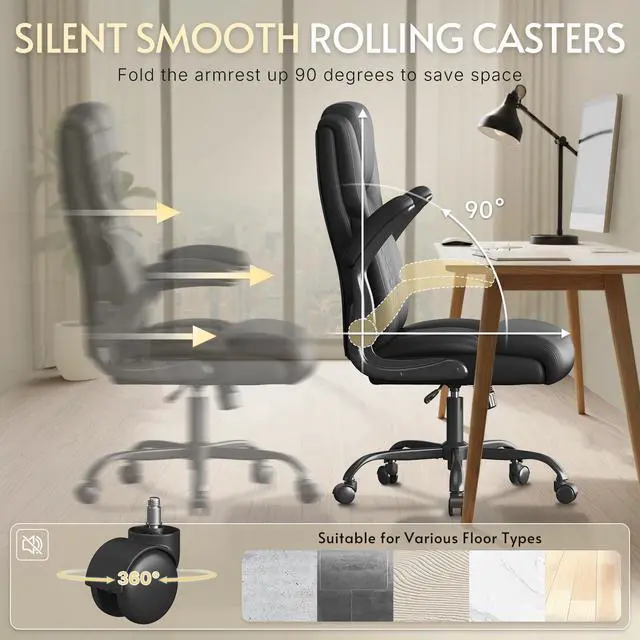 Alt view image 7 of 7 - Office Chair,Big and Tall Office Chair,Home Desk Computer Chair, Executive Leather Computer Chair with Lumbar Support& Flip-Up Arms, Rocking Function Swivel Chair for Home Office,Black