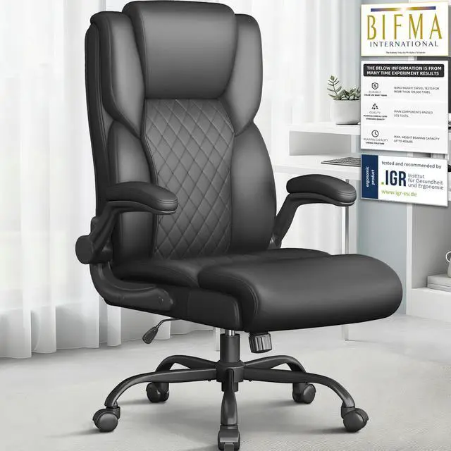 Main image of Office Chair,Big and Tall Office Chair,Home Desk Computer Chair, Executive Leather Computer Chair with Lumbar Support& Flip-Up Arms, Rocking Function Swivel Chair for Home Office,Black