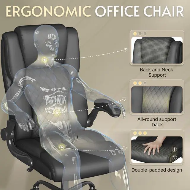 Alt view image 3 of 7 - Office Chair,Big and Tall Office Chair,Home Desk Computer Chair, Executive Leather Computer Chair with Lumbar Support& Flip-Up Arms, Rocking Function Swivel Chair for Home Office,Black