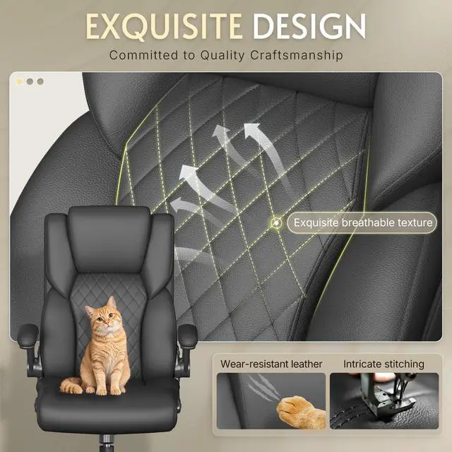 Alt view image 4 of 7 - Office Chair,Big and Tall Office Chair,Home Desk Computer Chair, Executive Leather Computer Chair with Lumbar Support& Flip-Up Arms, Rocking Function Swivel Chair for Home Office,Black