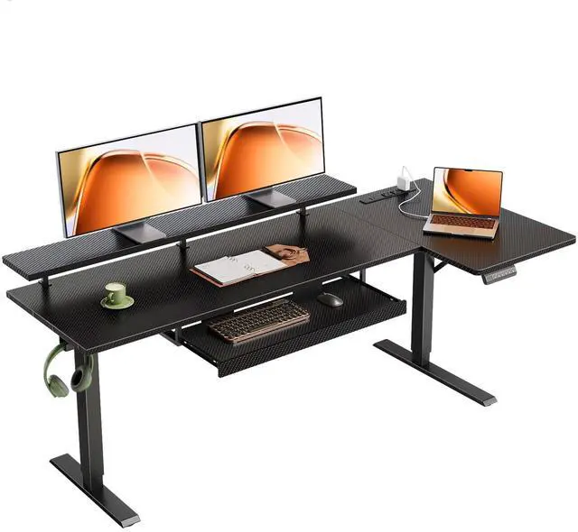 Main image of 63" Reversible L Shaped Electric Standing Desk, Carbon Fiber Black | Monitor Stand, Keyboard Tray, Power Outlets, 3 Memory Presets, Corner Stand Up Desk for Ergonomic Home Office, Workstaion