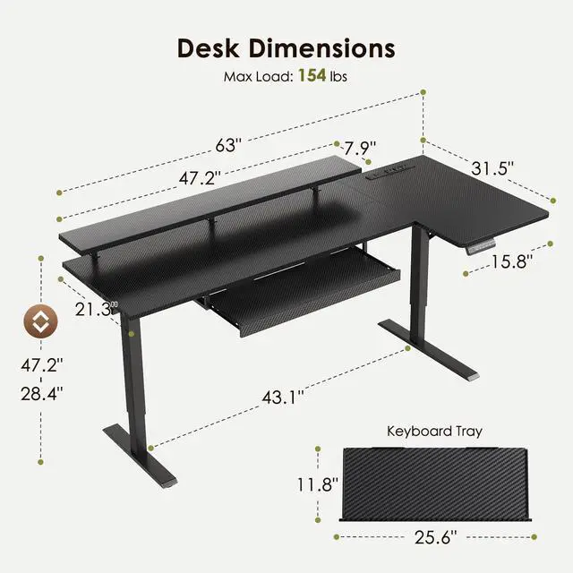 Alt view image 3 of 7 - 63" Reversible L Shaped Electric Standing Desk, Carbon Fiber Black | Monitor Stand, Keyboard Tray, Power Outlets, 3 Memory Presets, Corner Stand Up Desk for Ergonomic Home Office, Workstaion