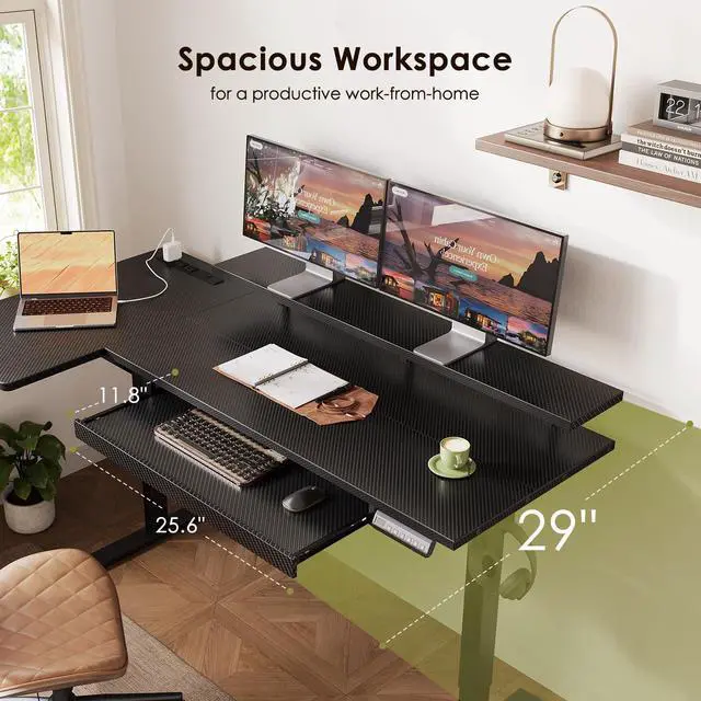 Alt view image 4 of 7 - 63" Reversible L Shaped Electric Standing Desk, Carbon Fiber Black | Monitor Stand, Keyboard Tray, Power Outlets, 3 Memory Presets, Corner Stand Up Desk for Ergonomic Home Office, Workstaion